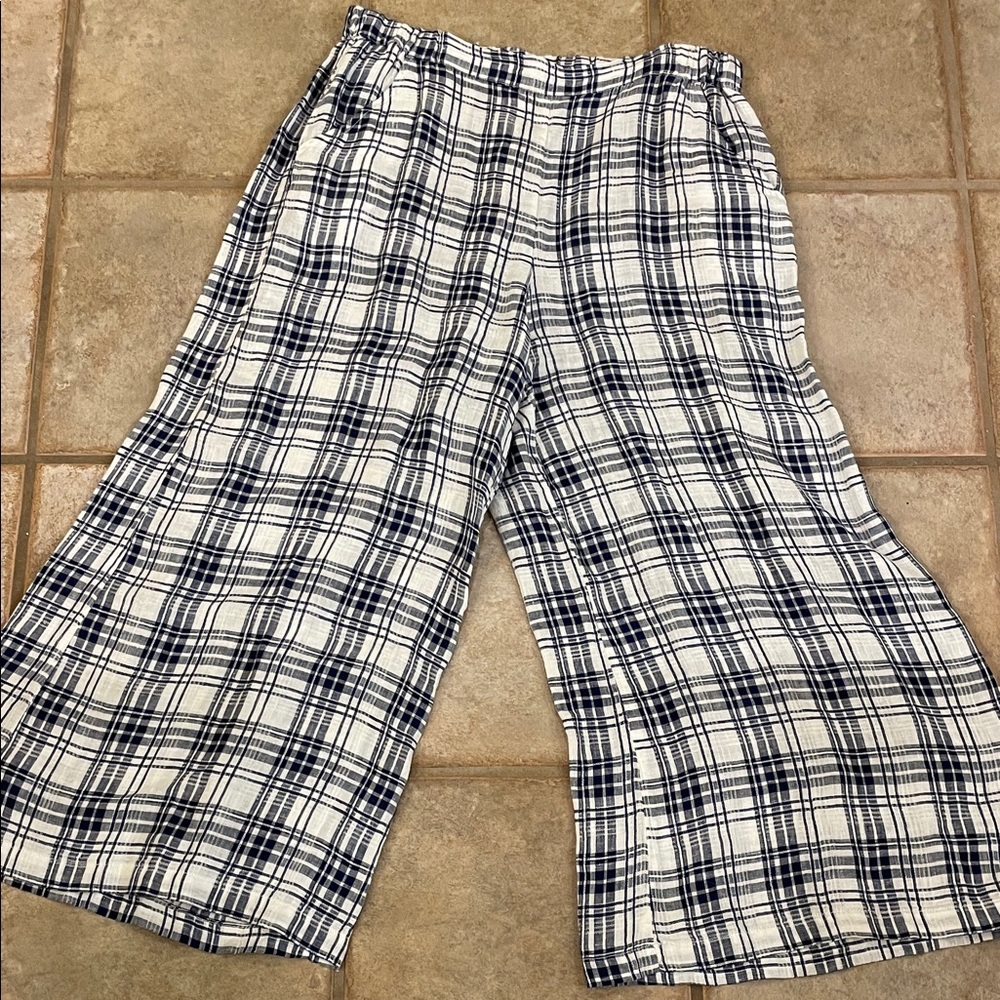 CP Shades Navy and White Plaid Wide-Leg Pants L